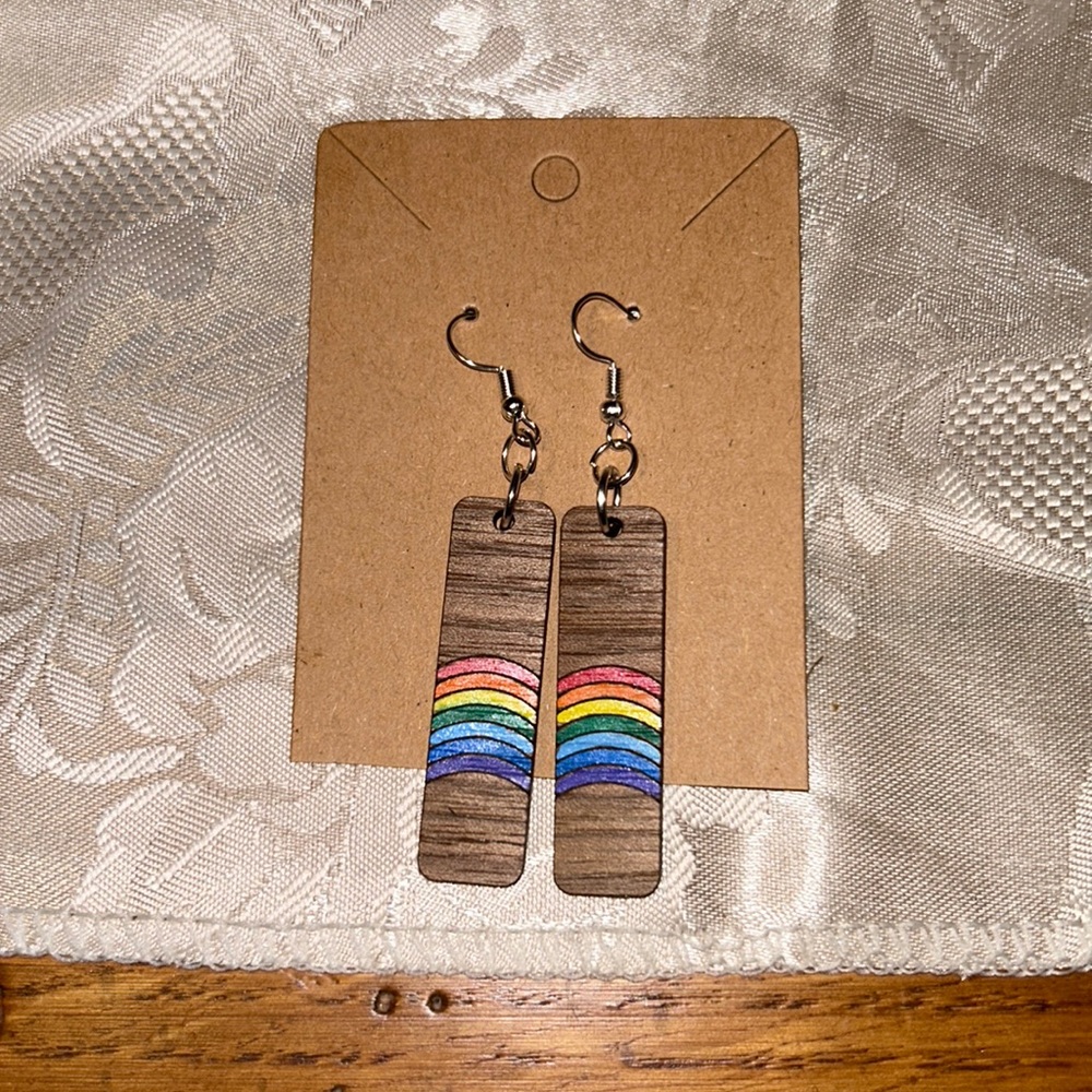Handmade Wooden Rainbow Boho Dangle Earrings Hand Painted & Engraved Y2K Summer - Picture 5 of 9